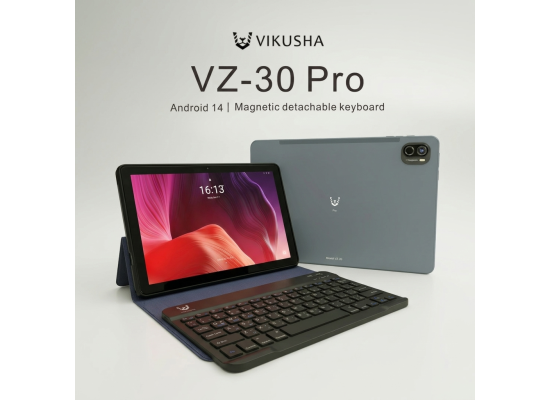 كيبورد رام VIKUSHA Tablet VZ-30 Pro, 10.1", 4+4GB + 64GB ROM, 6580mAh 4-5 hours Battery Life, 4G call dual SIM, VoLTE, VoWiFi, Android 14 w/ + Stand Cover + Charger + Headphone - Gray