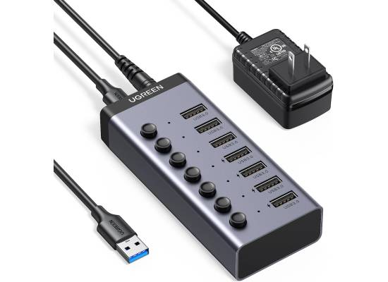 UGREEN Powered USB 3.0 Hub, 7-Port USB Adapter with 4 Smart Charging Ports, USB Splitter with Individual Led On/Off Switches and Power Adapter, USB Ports Extender for Laptop PC