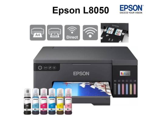 طابعة Epson EcoTank L8050 6-color Color A4 10x15cm Borderless photo with 5.760 x 1.440 DPI Resolution Inkjet 22 ppm for Business Setup, Print On DVD Disk & ID Card