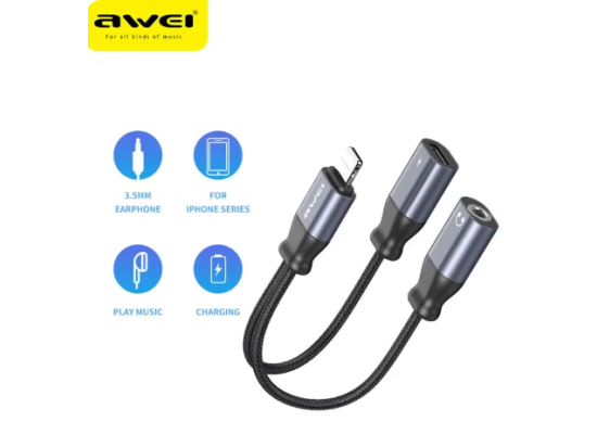 سماعة رأس AWEI CL-73 Lightning cable to 3.5 mm Earphone Jack 2 in 1 AUX Adapter For iPhone 14 13 12 Pro Max Headphones Converter