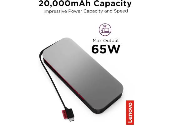 لابتوب Lenovo Go USB-C Power Bank (20000 mAh) - 65W - USB-C and USB-A Ports - Fast Charging Portable Power Station with Integrated Cable - Model PBLG2W - Storm Grey