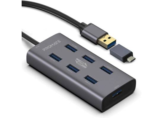لابتوب Promate 7 Port USB 3.0 Hub, Portable Aluminium Alloy Port USB 3.0 Powered Hub with 5Gbps Data Transfer and USB-C Power Adapter for MacBook, iMac, , USB Flash Drive, HDD Hard Drive