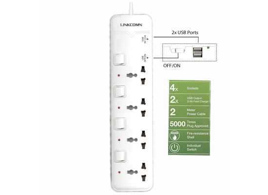 LINKCOMN Power Strip LC-PS423 EU 2M 4-SOCKETS 2-USB