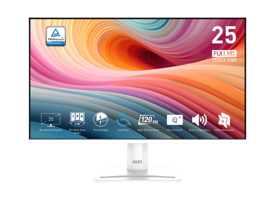 شاشة MSI PRO MP251W E2 24.5" IPS 1920 x 1080 (FHD) , 120Hz, Adaptive-Synch, HDR Ready, HDMI, VGA Port, Display Port,VESA Mountable - White