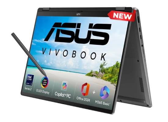 لابتوب ASUS Vivobook 14 Flip – Intel Core Ultra 5 226V + Intel Arc Graphics, 16GB LPDDR5X, 512GB PCIe 4.0 SSD, 14" FHD+ OLED HDR True Black 500 Touch, Wi‑Fi 7, 70Wh Battery, Stylus Included, Windows 11 Home - Matte Gray
