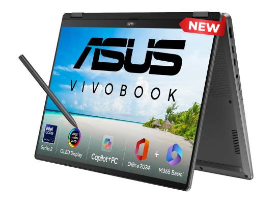 لابتوب ASUS Vivobook 14 Flip – Intel Core Ultra 7 256V + Intel Arc Graphics, 16GB LPDDR5X, 512GB PCIe 4.0 SSD, 14" FHD+ OLED HDR True Black 500 Touch, Wi‑Fi 7, 70Wh Battery, Stylus Included, Windows 11 Home - Matte Gray
