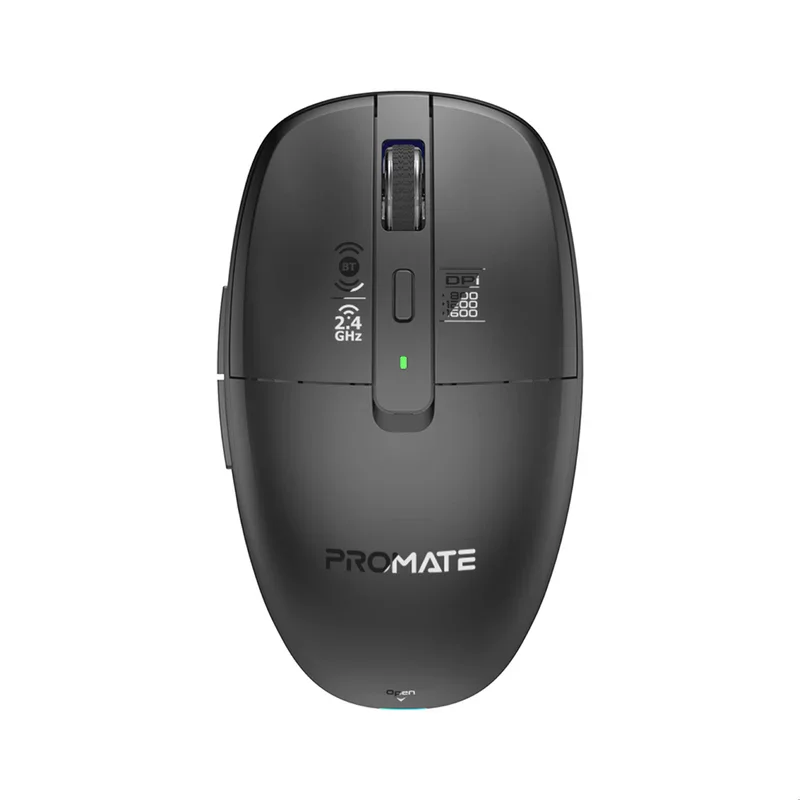 Promate Flixi Triple Mode Wireless Mouse with Bluetooth 5.1, Dual 2.4GHz USB-A & USB-C Dongles, 800\/1200\/1600 DPI, Silent Clicks, 500mAh Battery, 7-Color LED, Type-C Charging, 10m Range - Black