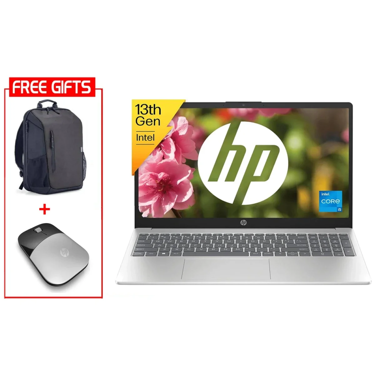 HP Laptop 15-fd0268ne (2025) NEW Intel 13Gen Core i5 10-Cores Slim Design w\/ Backlit Keyboard (Customized) Bundle ((HP BackPack + HP Z3700 Mouse)) - Silver