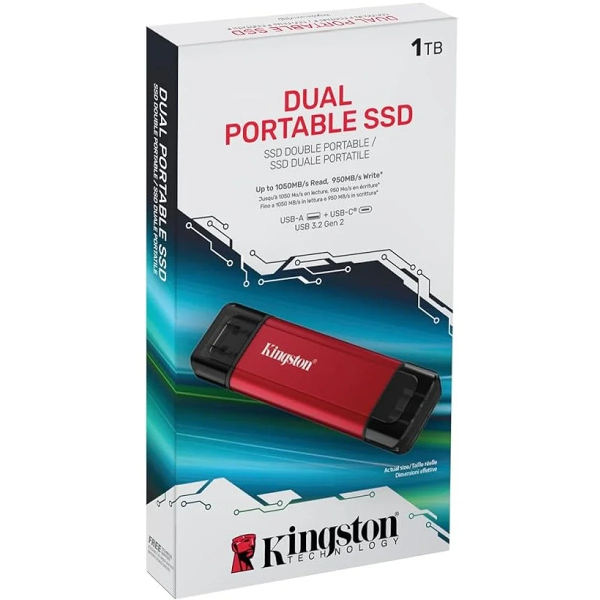 Kingston 1T Dual USB-A & C Portable SSD Durable Metal Casing Up to 1050MB\/s USB 3.2 Gen 2 support Windows, macOS, Linux, Chrome, Android\u2122, iOS\/iPadOS