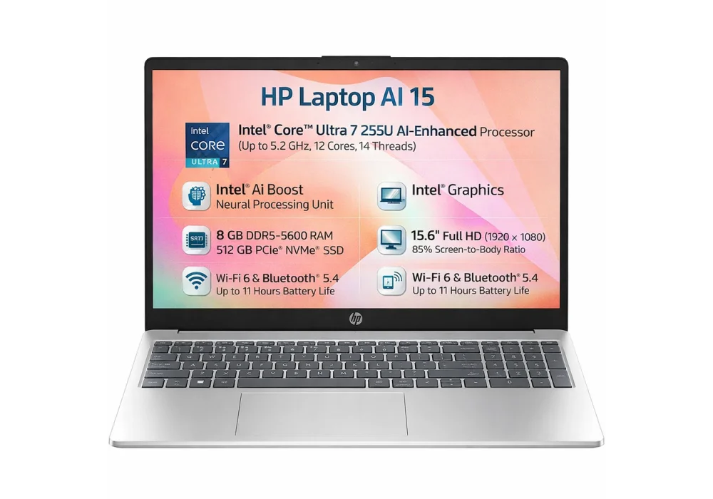 Business HP Laptop AI 15-fd2022ne, Intel Ultra 7 255U 5.2GHz 12 Cores, 8GB DDR5, 512GB PCIe SSD, 15.6" FHD, WiFi 6, BT 5.4 - Natural Silver