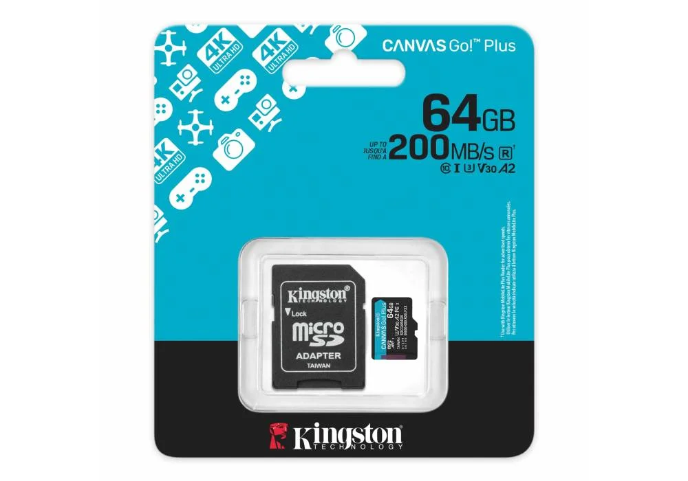 Kingston Memory Card 64GB micSDXC Canvas Go! Plus microSD memory card or mobile gaming, drones, action cams and Android™ device Speeds of up to 200MB/s read