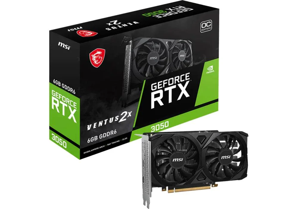 MSI GeForce RTX 3050 VENTUS 2X E 6GB OC Graphics Card, GDDR6 96-Bit Memory, 1492 MHz Boost Clock, 14 Gbps Memory Speed, 2304 CUDA Cores, PCI Express Gen 4 x16 | 912-V812-055