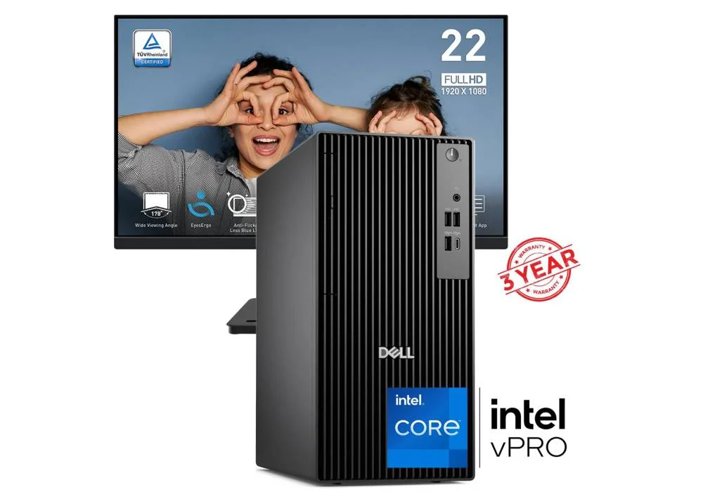 Dell Pro Tower QCT1250 Desktop PC, Intel® Core™ i5-14500 vPro 5GHz Processor 14 Core, 8GB DDR5, 512 SSD, Wi-Fi 6E, BT5.3 w/ MSI PRO MP225V Monitor - 14th Generation - 3 Year Warranty
