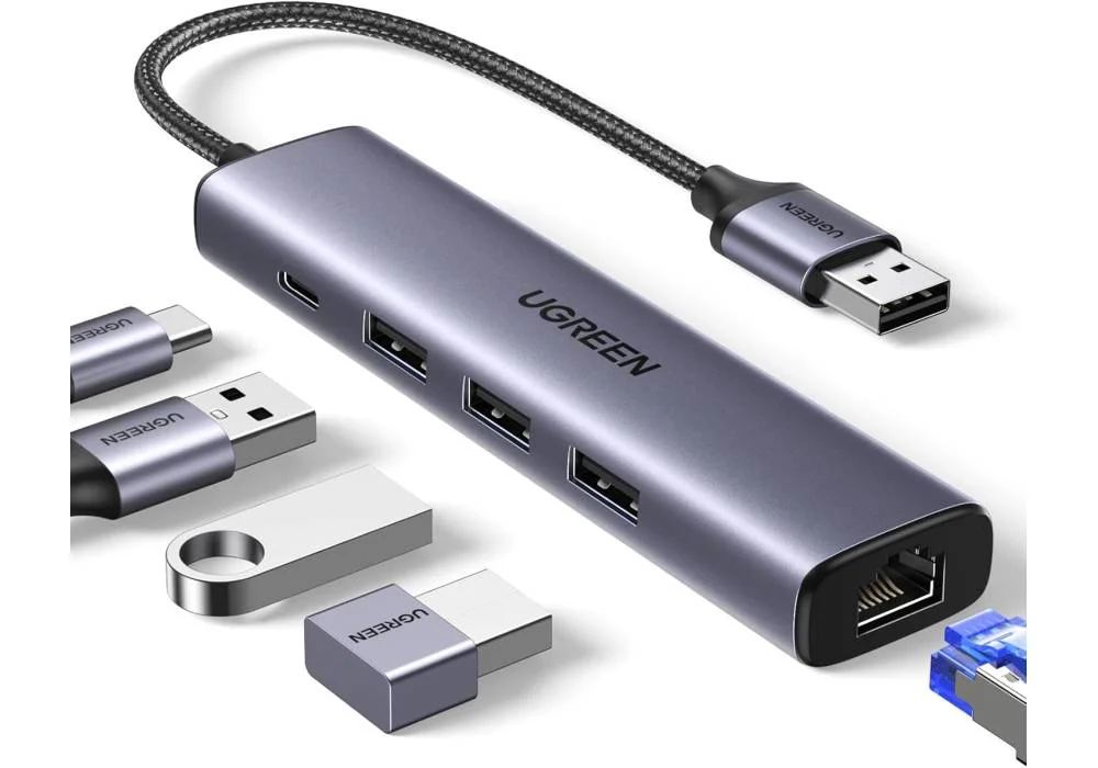 UGREEN USB to Ethernet Adapter, 5 in 1 USB Hub with Ethernet, Plug and Play, Multiport Network Adapter with 3 USB 3.0 Port, Gigabit RJ45, USB-C Power Port Compatible for Laptop MacBook XPS Windows 11