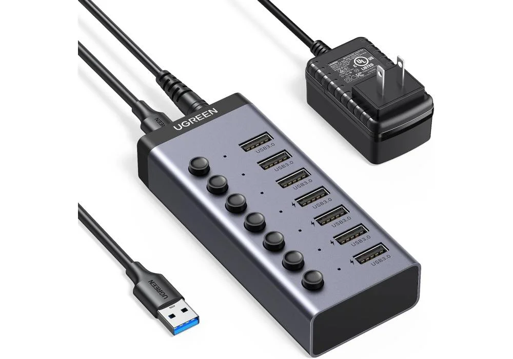 UGREEN Powered USB 3.0 Hub, 7-Port USB Adapter with 4 Smart Charging Ports, USB Splitter with Individual Led On/Off Switches and Power Adapter, USB Ports Extender for Laptop PC
