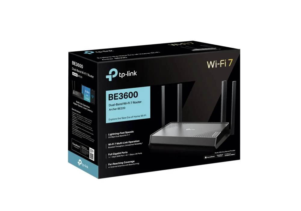 Tp-link Archer BE220, BE3600 Dual-Band Wi-Fi 7 Router, TP-Link BE3600 WiFi 7 Dual-Band Wireless Router, Up to 3.6Gbps Speeds, Full Gigabit WAN/LAN Ports, 4 External Antennas, EasyMesh