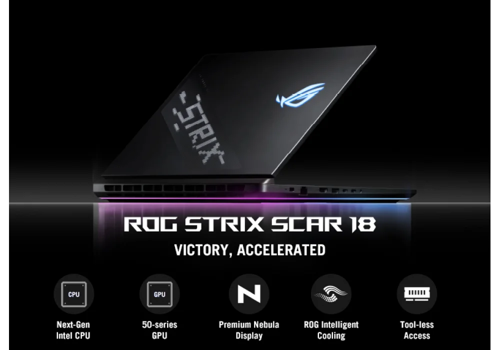 Laptop ROG Strix SCAR 18 Intel® Core™ Ultra 9 275HX Processor Up to 5.4 GHz, NVIDIA GeForce RTX™ 5090 Laptop GPU 24GB GDDR7, 64GB DDR5, 4TB PCIe® 4.0 NVMe™, 18" 2.5K 240Hz Mini LED ROG Nebula Display - Off Black