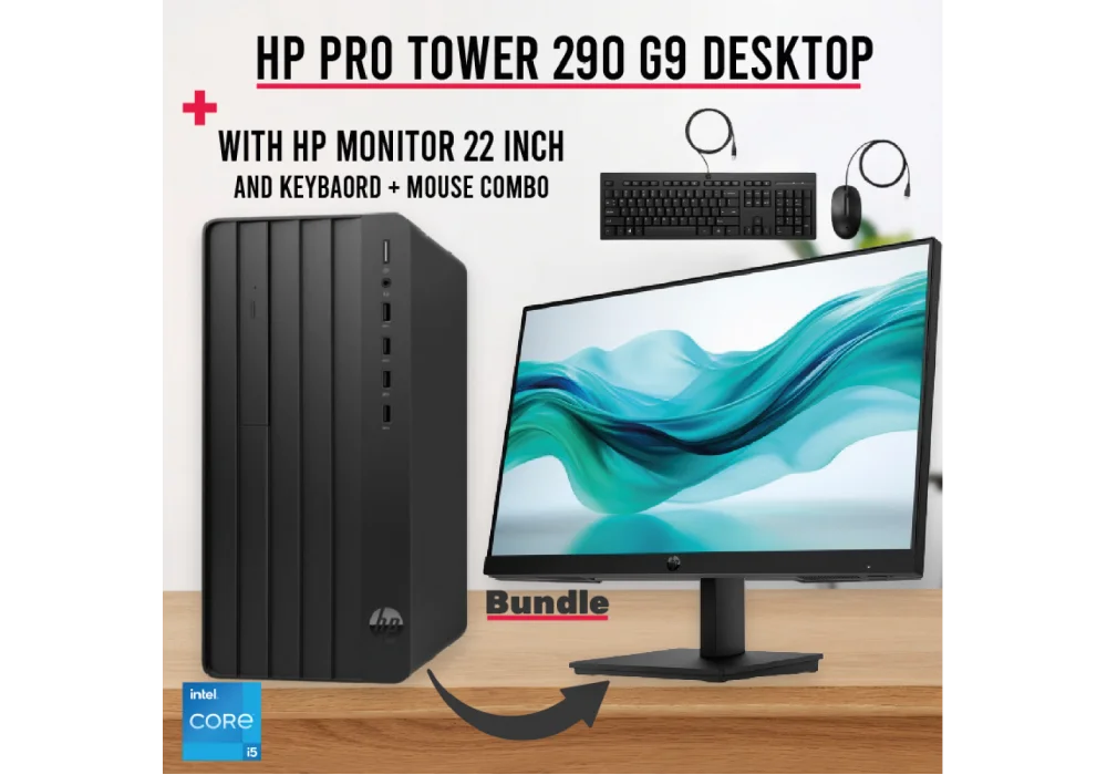 Powerful HP Pro Tower 290 G9 Desktop PC Intel Core i5 (14-Cores) 16GB RAM (Customized) 512GB SSD Connect Multiple Devices with 12 USB Ports, HDMI & DisplayPort DVD RW Bluetooth Wi-Fi HP 21.5" FHD Monitor Peripherals Included