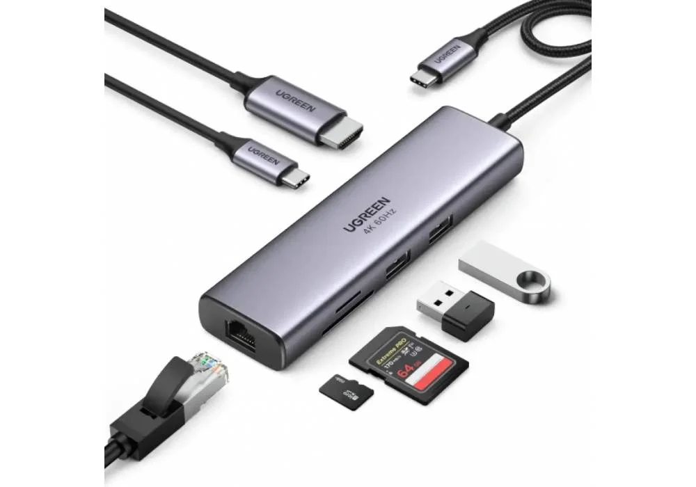 UGREEN USB-C Hub, 7-in-1, Input(1X USB-C),Output (HDMI) Multiport Adapter with 100W PD, (2 USB-C ) USB 3.2 and SD/TF Card Reader 104 mb/s Support HD Display For Windows/MacOS,100W Power,CM511/45521