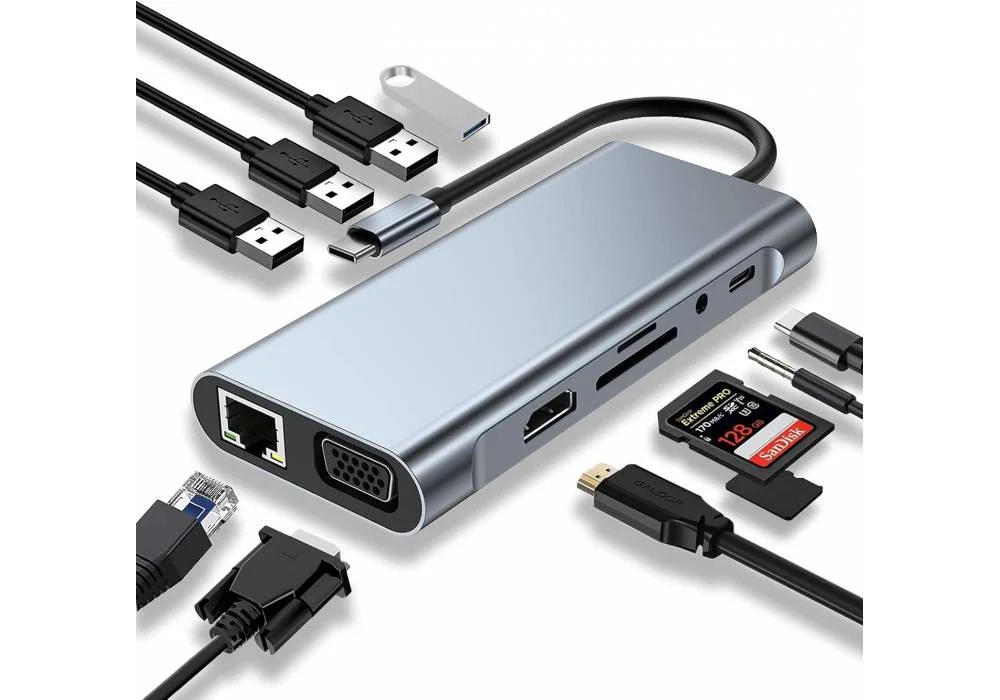 USB C HUB, USB C Adapter 11 in 1 Dongle with 4K HDMI, VGA, Type C PD, USB3.0, RJ45 Ethernet, SD/TF Card Reader, 3.5mm AUX, Docking Station Compatible with MacBook Pro/Air, Other Type C Laptops