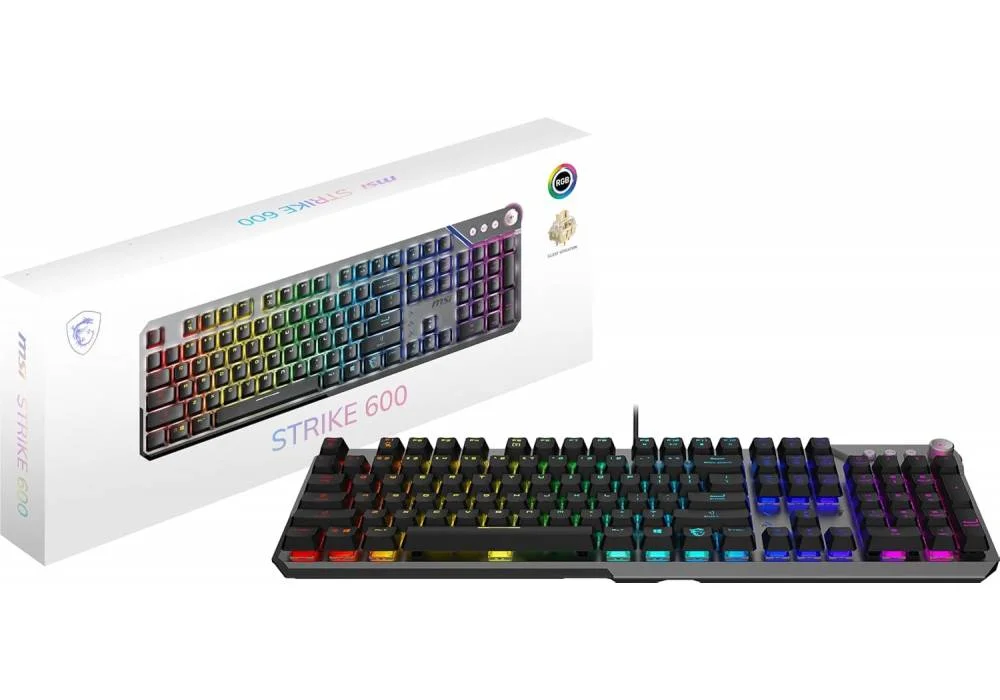 MSI Strike 600 - KAILH Midnight PRO Silent Tactile SWITCHES - Ergonomic Keycaps, Anti-Slip Base, Per-Key RGB Mystic Light, USB 2.0 - Full-Sized