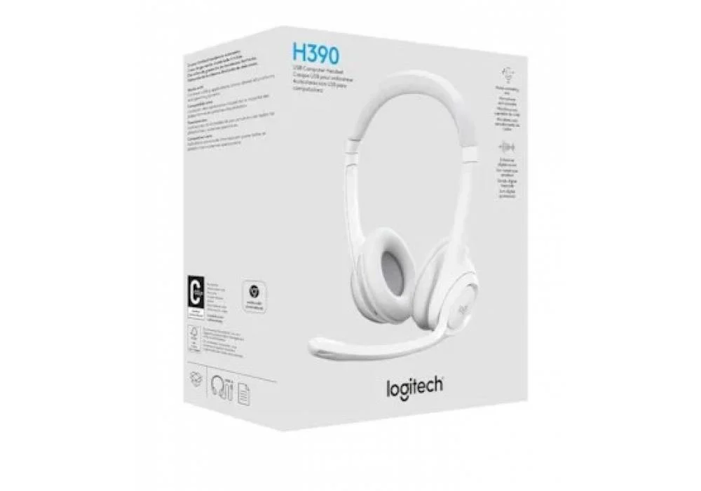 Logitech H390 Wired Headset for PC/Laptop, Stereo Headphones with Noise Cancelling Microphone, USB, In-Line Controls, Works with Chromebook - White