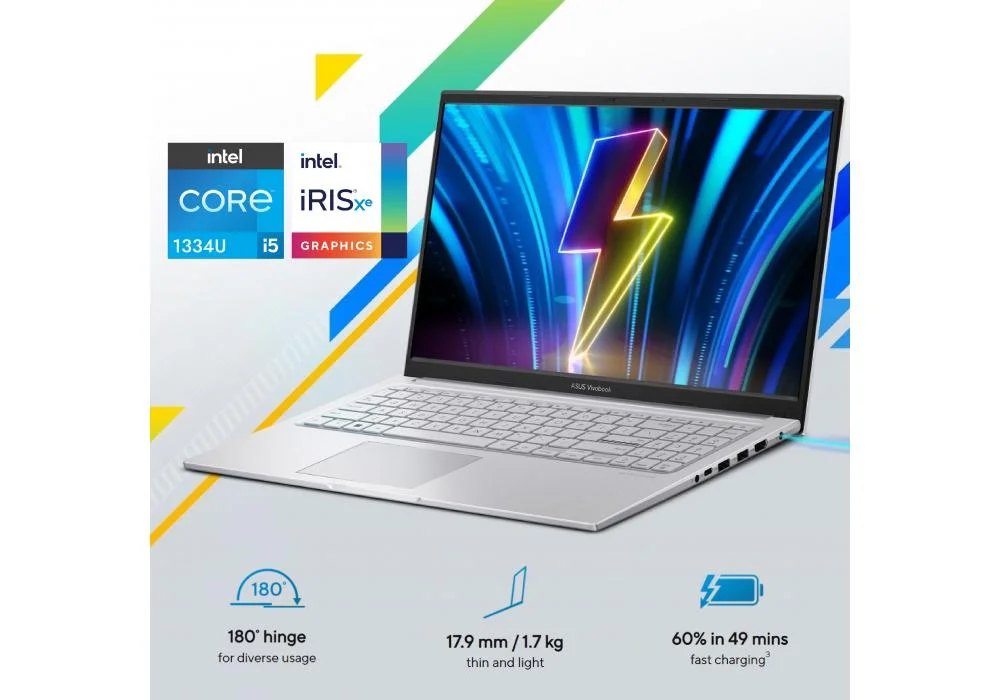 Laptop ASUS Vivobook 15 (X1504VA) |Intel® Core™ i5-1334U Processor, 16GB DDR4 (Customized), 512GB SSD, 15.6-inch FHD 180 Hinge | 13th Generation - Cool Silver