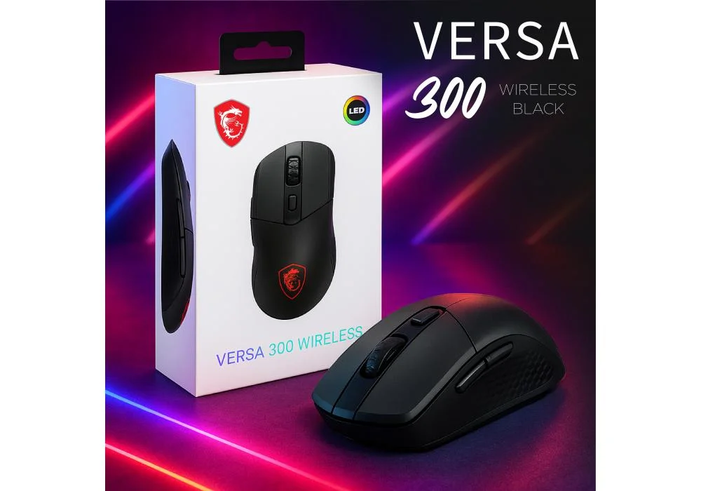 MSI VERSA 300 W Dual WIRELESS Rechargeable Gaming Mouse - 8000 DPI Optical Sensor, 1000 Hz Polling Rate, Symmetrical, 30M+ Click OMRON Switches, 6 Buttons, 50-Hour Battery, 1ms Latency, RGB, 60g - Black