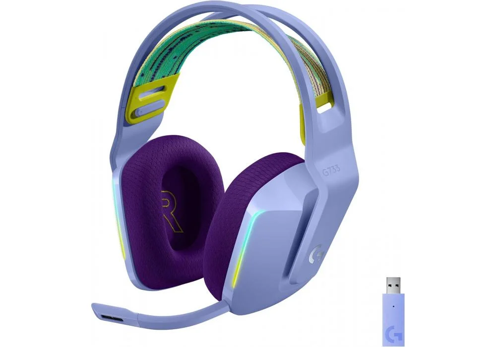 Logitech G733 LIGHTSPEED Wireless Gaming Headset with suspension headband, LIGHTSYNC RGB, Blue VO!CE mic technology and PRO-G audio drivers - Lilac