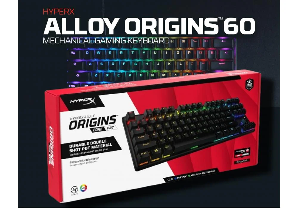 HyperX Alloy Origins 60 - USB-C Mechanical Gaming Keyboard - Ultra Compact 60% Form Factor - Red Switch - Double Shot PBT Keycaps - RGB LED Backlit