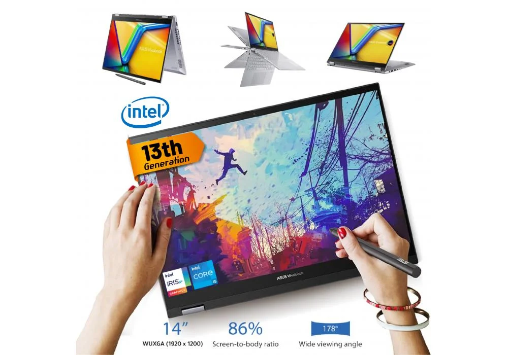 Laptop ASUS Vivobook S 14 Flip, Intel® Core™ i5-1335U Processor, 16GB DDR4, 512GB M.2, 14.0" WUXGA Touch Stylus,| 13th Generation - Cool Silver