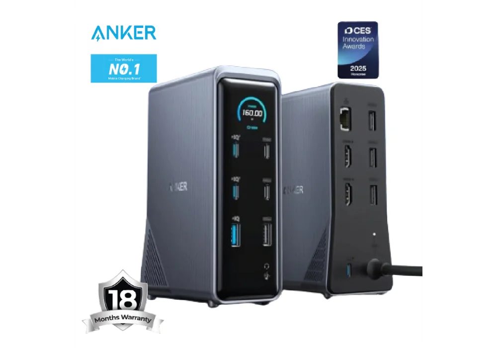 Anker Prime Charging Docking Station (14-in-1, Dual Display, 160W) charging and streaming – 4 USB-C, 5 USB-A, 2 HDMI, 1 audio and 1 Ethernet - 18 Month Warranty