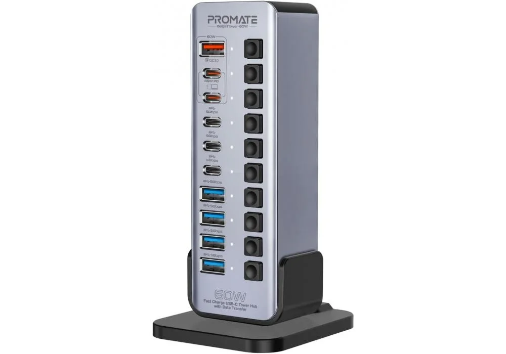 Promate 14-In-1 Multiport 60W USB-C Tower Hub, 3 5Gbps USB-C Ports, 4 5Gbps USB-A Ports, 2 Ultra-Fast Charging PD48W USB-C 3.0 Port, Fast QC 3.0,On/Off Switches, Plug & Play