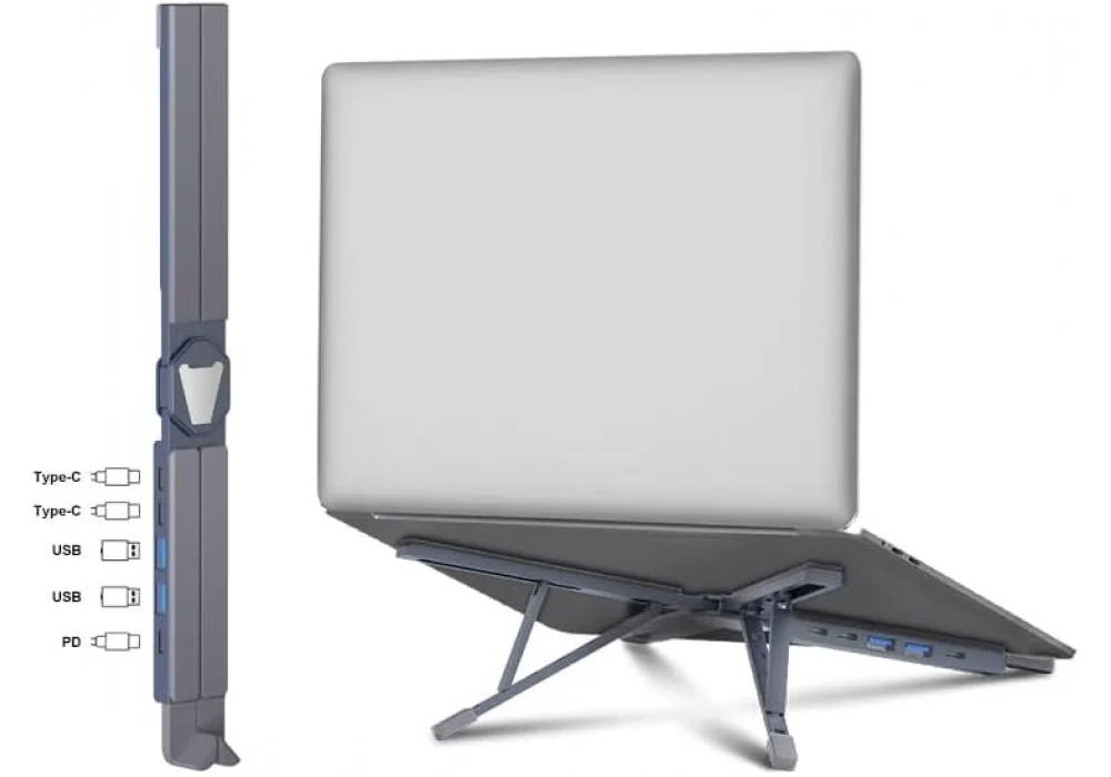 Portable Laptop Stand with Hidden Docking Station - Adjustable, Foldable, USB-C Ports, USB PD - Enhance Your Workstation Today, Grey
