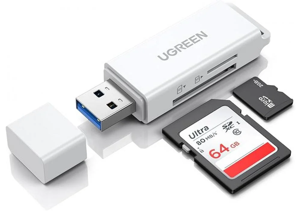 UGREEN SD Card Reader Memory Card Adapter USB 3.0 to UHS-I SD, Micro SD, SDXC, SDHC, Micro SDXC, Micro SDHC, MMC, RS-MMC Adaptor Hub with 2 Slots,Cap,keychain for MacBook Pro,Windows,Linux