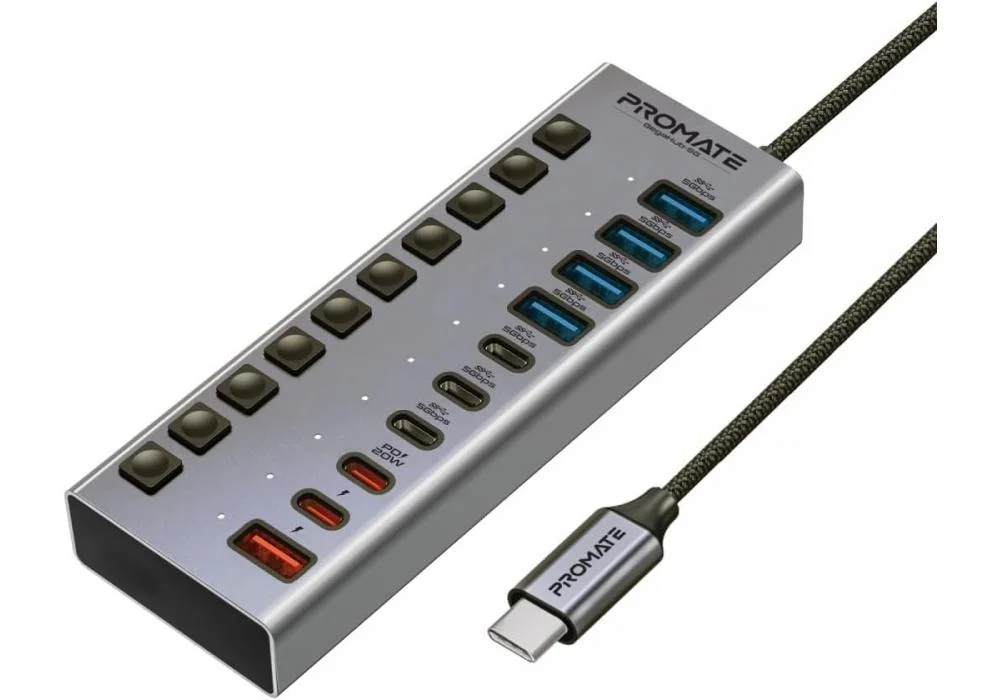 Promate 10in1 USB-C MultiPort Hub, 3 USB-C and 4 USB-A Ports with 5Gbps Data Transfer, Fast Charging USB-C and USB-A Ports, 20W USB-C PD Port with Individual Power Switches and Plug&Play