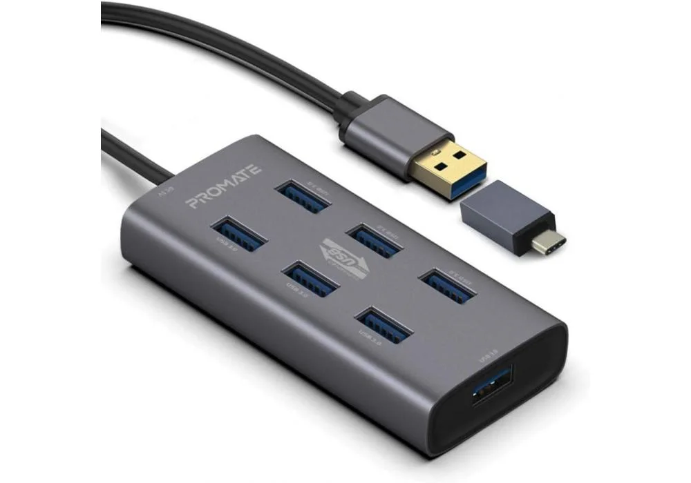 Promate 7 Port USB 3.0 Hub, Portable Aluminium Alloy Port USB 3.0 Powered Hub with 5Gbps Data Transfer and USB-C Power Adapter for MacBook, iMac, Laptop, USB Flash Drive, HDD Hard Drive