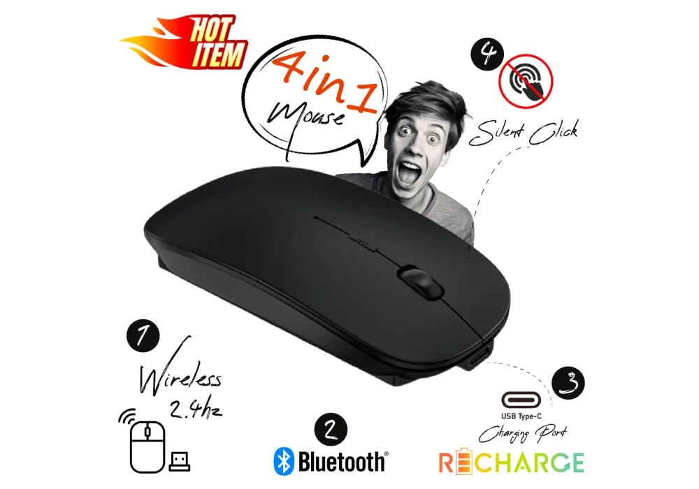 Mouse Slim Cordless 4 in 1 1200DPI Wireless & Bluetooth 4.0 with Type-C Rechargeable Battery & Silent Click