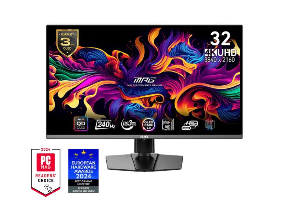 MSI MPG 321URX QD-OLED 32" 4K UHD Quantum Dot OLED Technology Gaming Monitor 0.03ms 240Hz True Black HDR 400 AMD FreeSync™ Premium Pro 90W USB Type C, HDMI, DP Port