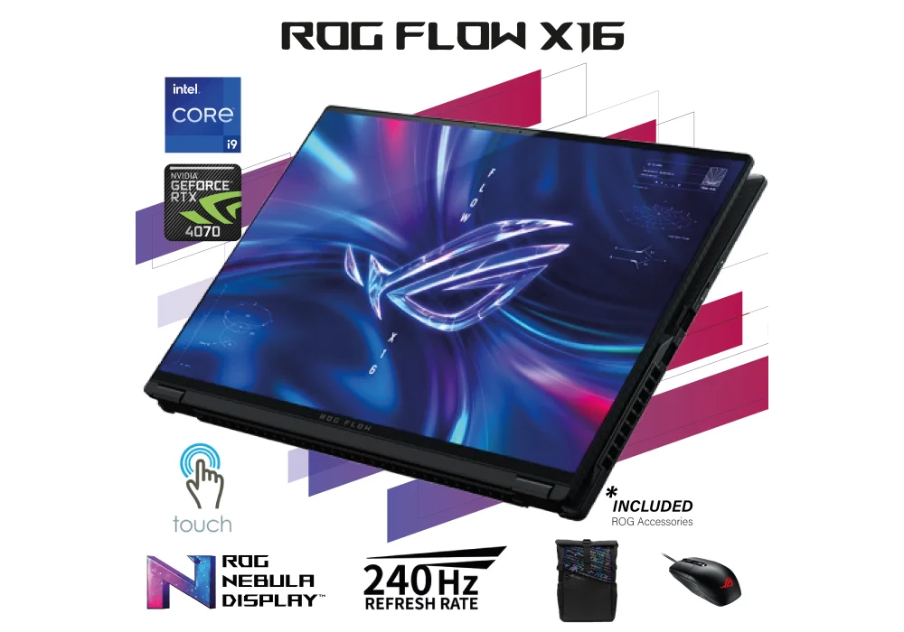 Laptop ASUS ROG Flow X16 13th Gen Intel® Core™ i9-13900H Processor 14 Cores NVIDIA® GeForce RTX™ 4070 GPU 321 AI TOPs 16" Touch 360° QHD+ 240Hz ROG Nebula Display