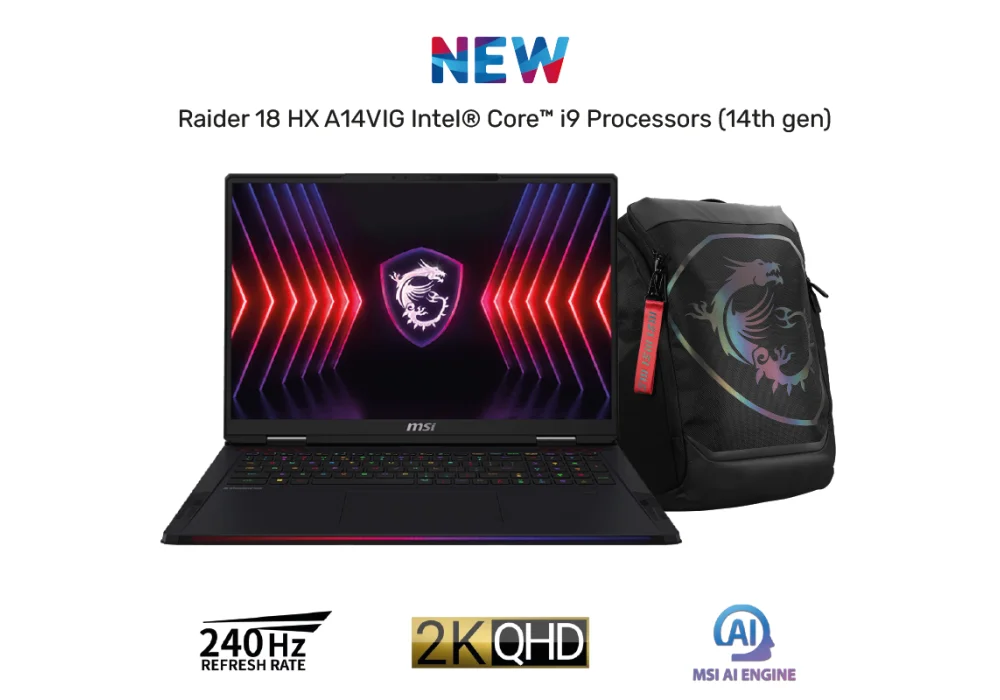 New Laptop MSI Raider 18 HX A14VIG Intel Core i9-14900HX 14Gen 24 Core RTX 4090 16GB, 32 GB DDR5, 2TB SSD, 18" QHD+ (2560x1600), 240Hz IPS SteelSeries KB w/ TITAN Gaming Backpack WARRANTY 2 YEARS