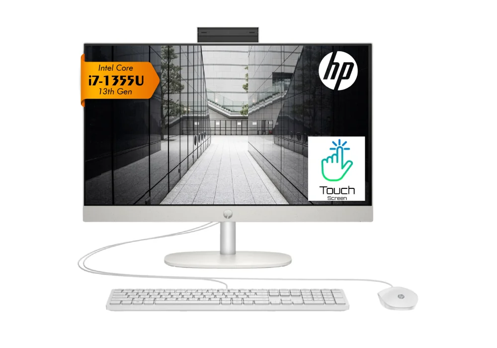 HP AIO All-in-One Desktop PC 24-cr0024ne, Intel Core i7-1355U, 16 GB DDR4, 512GB SSD, 24-inch FHD Display IPS, micro-edge Touch Screen, White| 13th Generation
