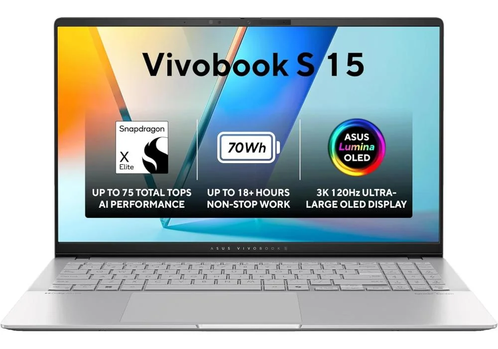 New Laptop ASUS Vivobook S 15 OLED | Snapdragon® X Elite X1E 78 100 Processor, Qualcomm® AI Engine 32GB DDR5X, 15.6 inch 3K OLED 120Hz Very Long Rang Battery