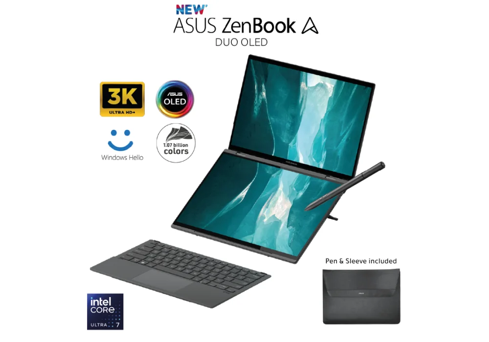 New Laptop ASUS Zenbook Duo OLED | Intel Core Ultra 7, 16GB DDR5X,1TB SSD, 14.0-inch Double Screen 3K OLED Backpack Sleeve & ASUS Pen 4 MODE STYLE | Win 11 Home