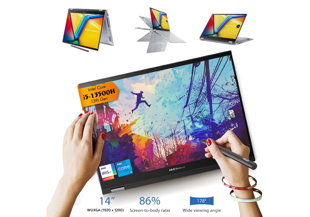 Laptop ASUS Vivobook S 14 Flip, Intel Core i5-13500H Processor, 8GB DDR4, 512GB M.2, 14.0" WUXGA Touch Stylus, Windows 11 Home | 13th Generation - Cool Silver