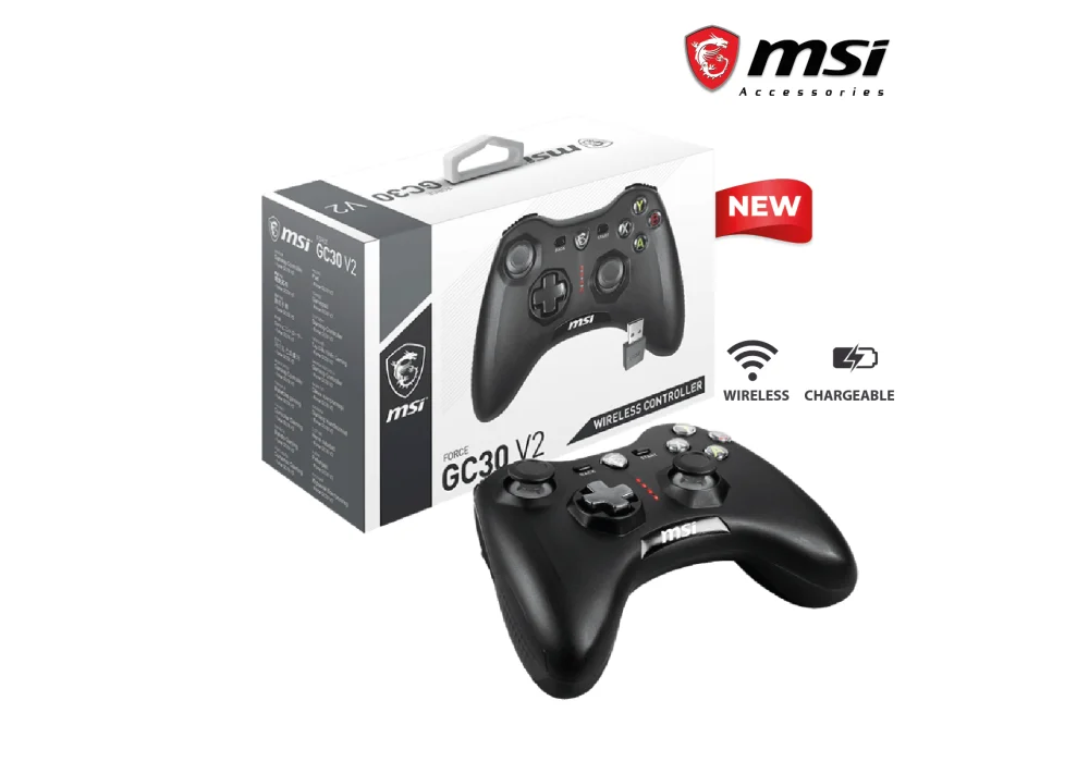 MSI Force GC30V2 Wireless Gaming Controller Rechargeable Battery, Dual Vibration Motors, Dual Connection Modes, Interchangable D-Pads, Compatible with PC & Android - Black