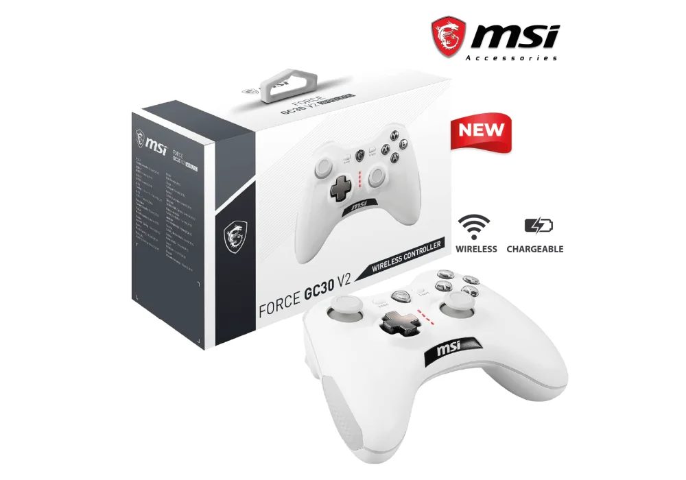 MSI Force GC30V2 White Wireless Gaming Controller Rechargeable Battery, Dual Vibration Motors, Dual Connection Modes, Interchangable D-Pads, Compatible with PC & Android
