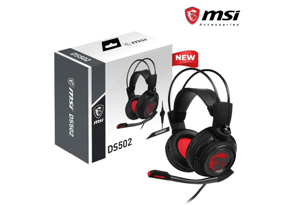 MSI DS502 Gaming Headset, Enhanced Virtual 7.1 Surround Sound, Ergonimic Design, Omnidirectional Microphone, Intelligent Vibration System, Red LED Lighting