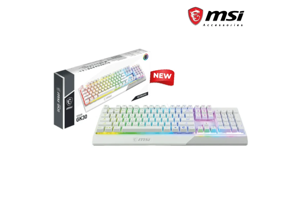MSI Vigor GK30 RGB Gaming Keyboard, 6-Zone RGB Lighting, Water Repellent & Splash-Proof, Mechanical-Like Plunger Switches, White