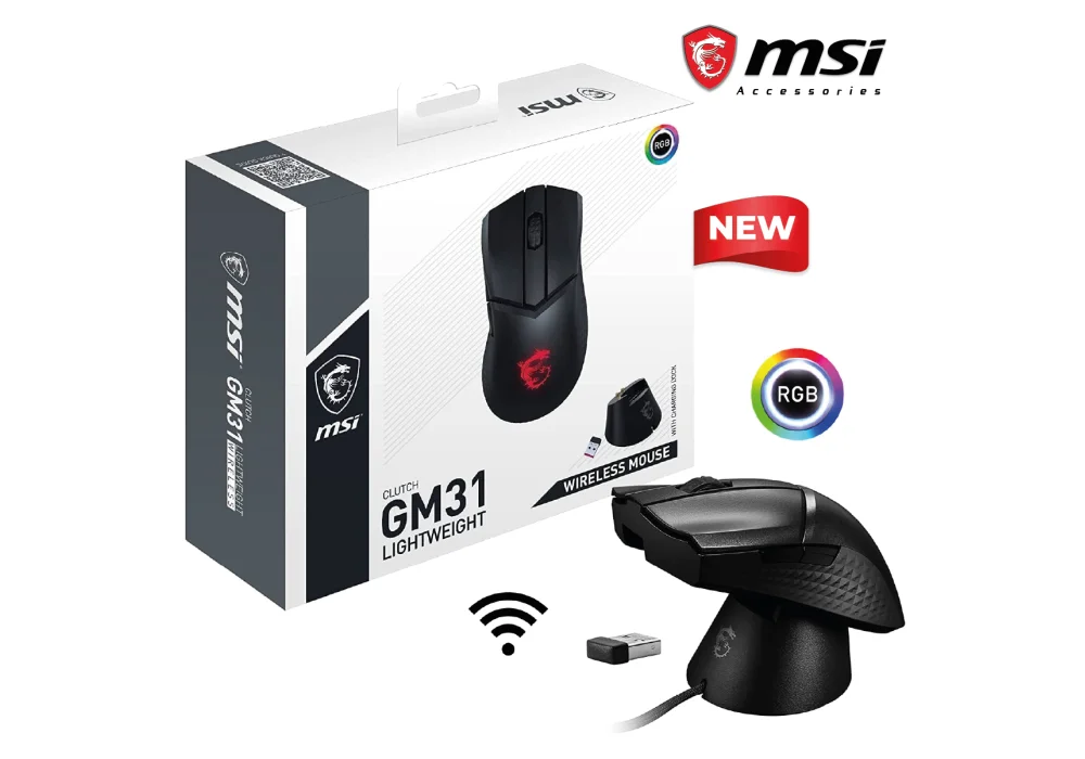 MSI Clutch GM31 Lightweight Wireless Ergonomic Gaming Mouse & Charging Dock, 12K DPI Optical Sensor, 60M Omron Switches, Fast-Charging 110Hr Battery, RGB Mystic Light, 5 Programmable Buttons